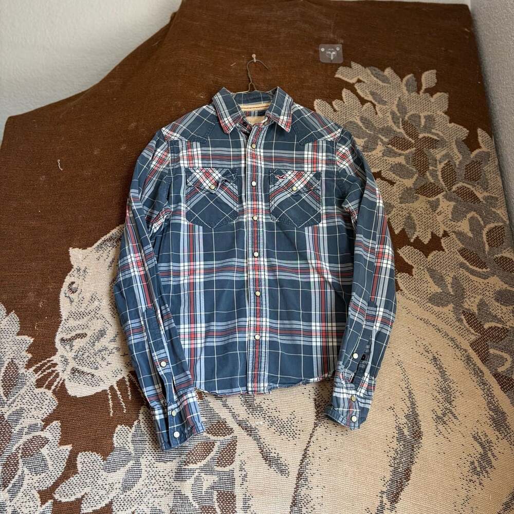 Hollister Plaid Western Shirt Size S Blue Red Pearl Snap